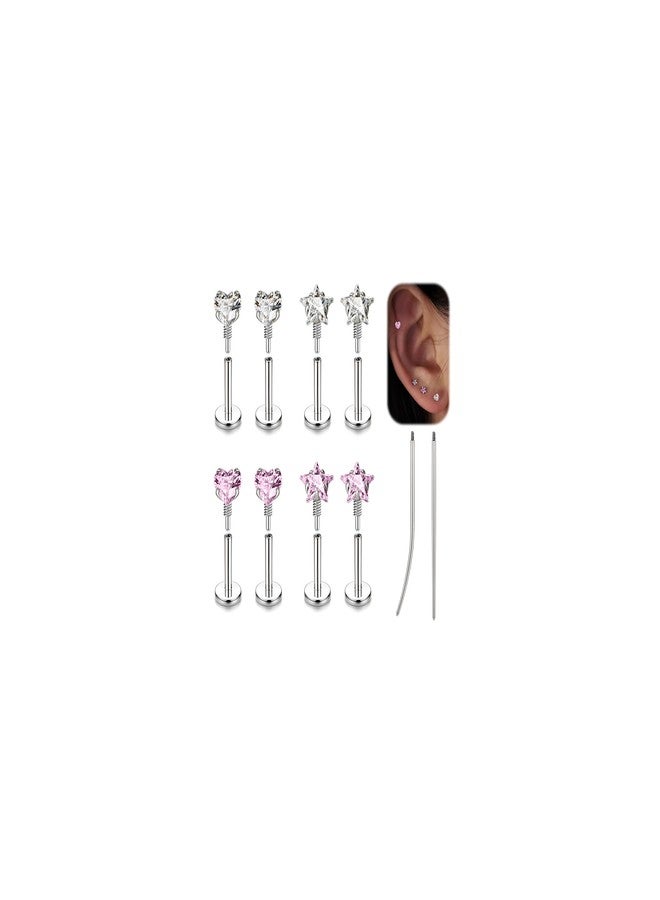 BodyAce 16G 18G Tragus Piercing Labret Medusa Jewelry Long Internally Threaded Nose Stud Flat Back Earrings Pink CZ Monroe Lip Rings Heart Cartilage Helix Studs Star [16G(1.2mm);Length:6mm] - Image 1